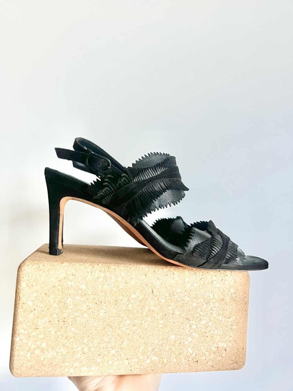 Donald Pliner Black Fringe Leather Heeled Slingback Sandals Size 8